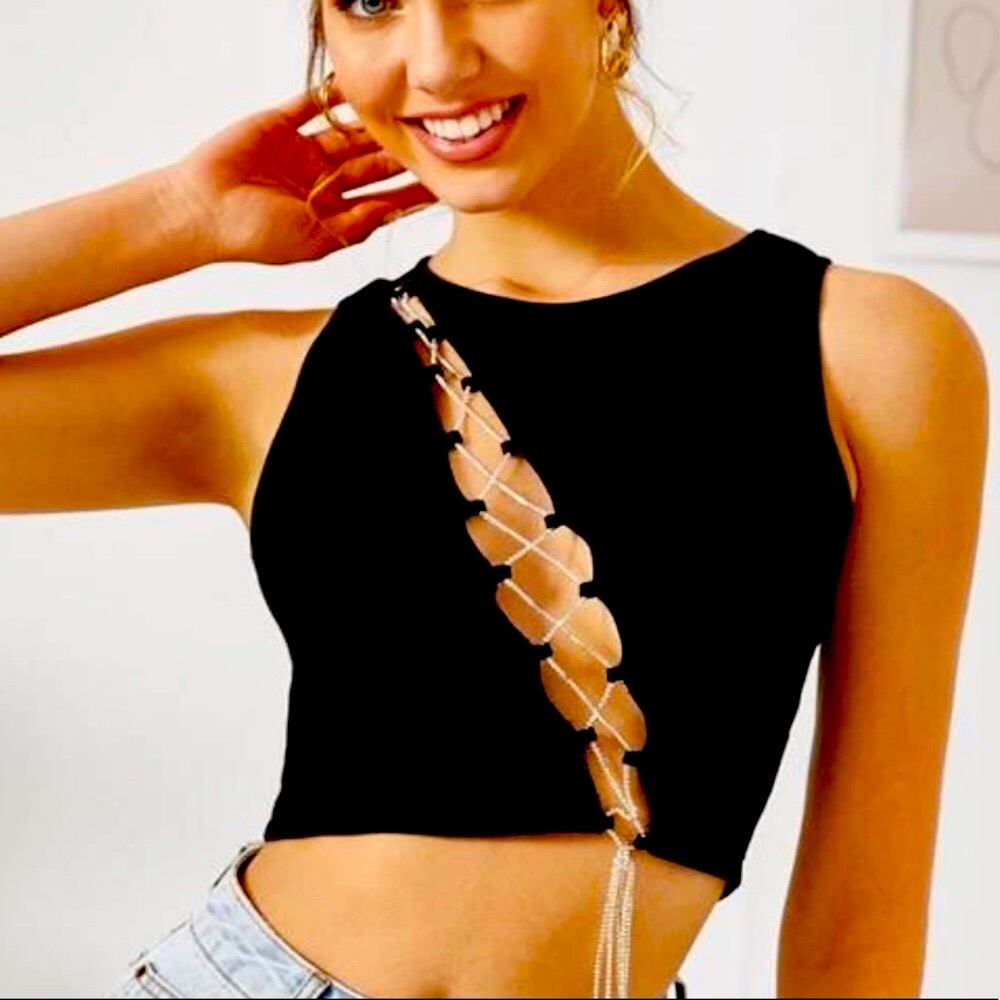 Rhinestone Lace Up Cutout Front Crop Top